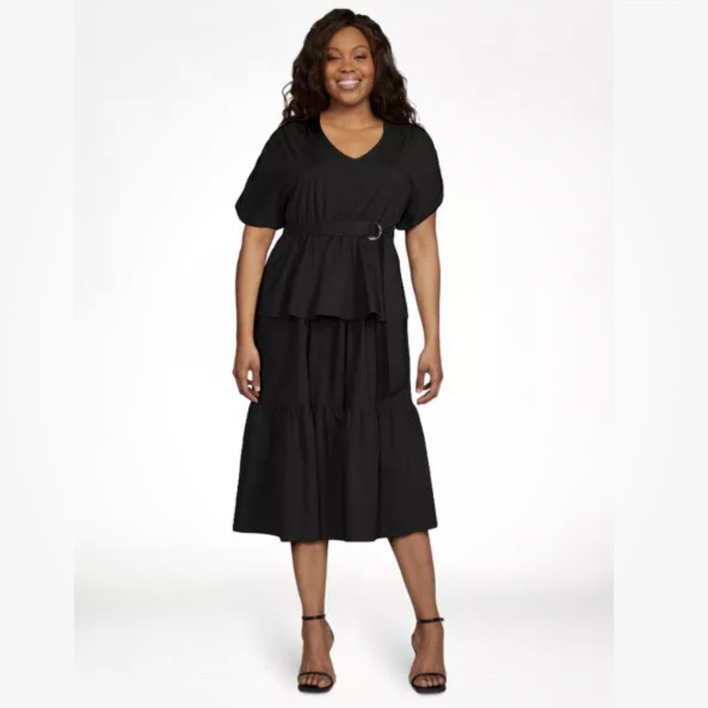 Scoop NYC Womens Black Midi Dress W/Ruched Sleeves Size Small (4-6) NWT